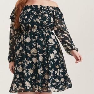TORRID Green Floral Mini Chiffon Off-Shoulder Skater Dress 1X